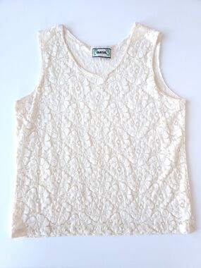 Vtg Sheer Floral Lace Tank Top Cream Ivory Boho Rodeo Festival Layering Large